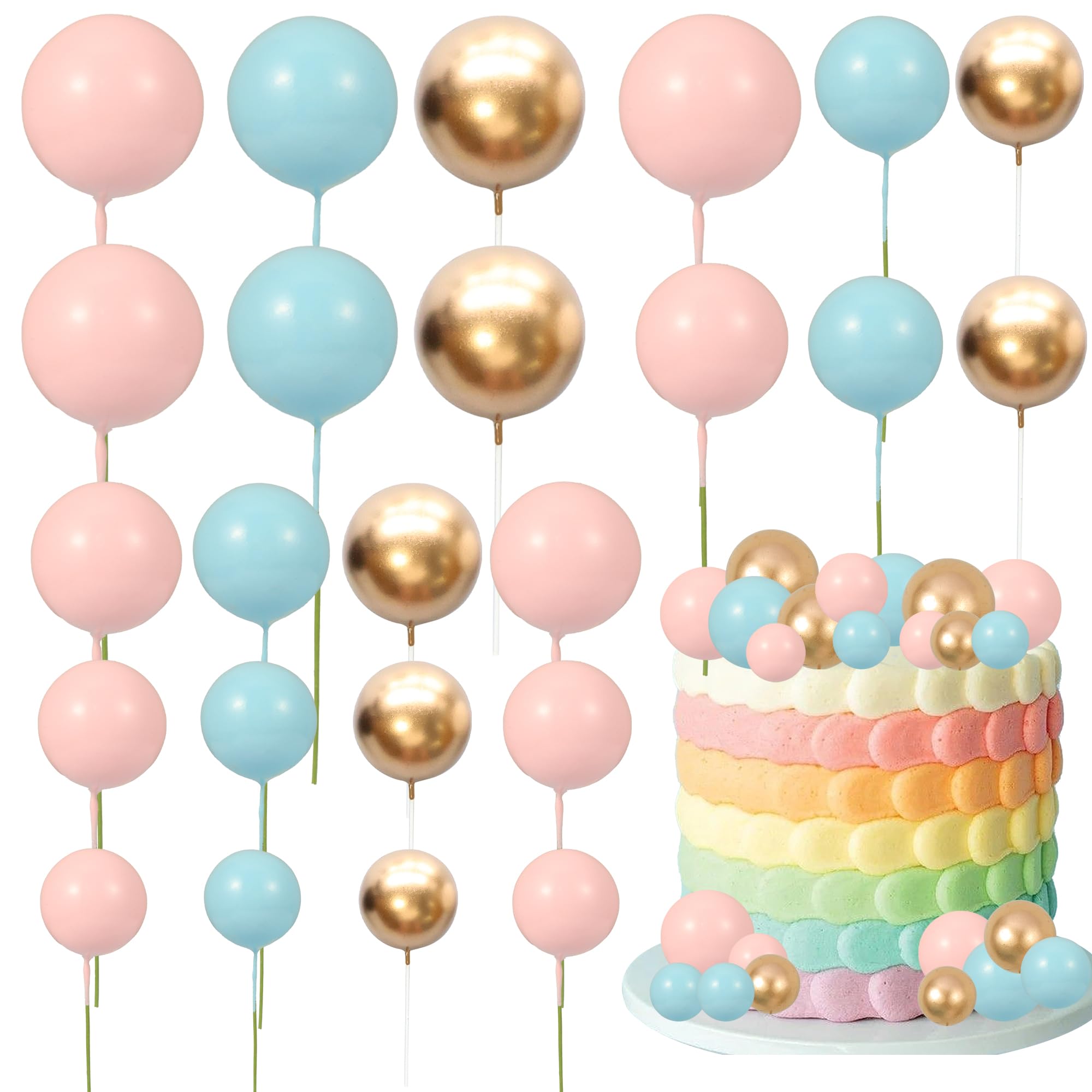 Gyufise 30Pcs Colorful Ball Cake Topper Mini Balloon Cupcake Topper DIY Foam Ball Gold Pink Blue Cake Insert Decoration for Wedding Anniversary Baby Shower Birthday Party Supplies