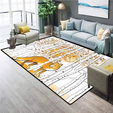 Amazon Com Hunting Decor Home Decor Rugs Fox Hunting In Autumn Forest Birch Trees Rustic Wilderness Animal For Boys Girls Kids Baby College Dorm Living Room Orange White Black W6 5x L9 8 Ft Kitchen