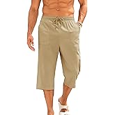 Gafeng Mens Cotton Linen Yoga Pants Elastic Drawstring Casual 3/4 Capri Shorts with Pockets