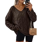 Trendy Queen Oversized Long Sleeve V Neck Cable Knit Sweaters
