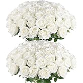 Hananona Artificial Roses in Bulk, Fake Velvet Silk Roses Realistic Rose for Wedding Centerpieces Flower Arrangement Home Decor (50, White)