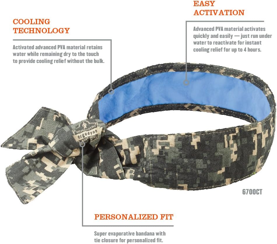 Ergodyne Chill Its 6700CT Cooling Bandana, Lined with Evaporative PVA Material for Fast Cooling Relief, Tie for Adjustable Fit, Camo - Novelty Bandanas - 