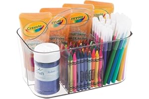 mDesign Plastic Portable Craft Storage Organizer Caddy Tote, Divided Basket Bin with Handle for Crafts, Sewing, Art Supplies - Holds Brushes, Colored Pencils - Lumiere Collection - Clear