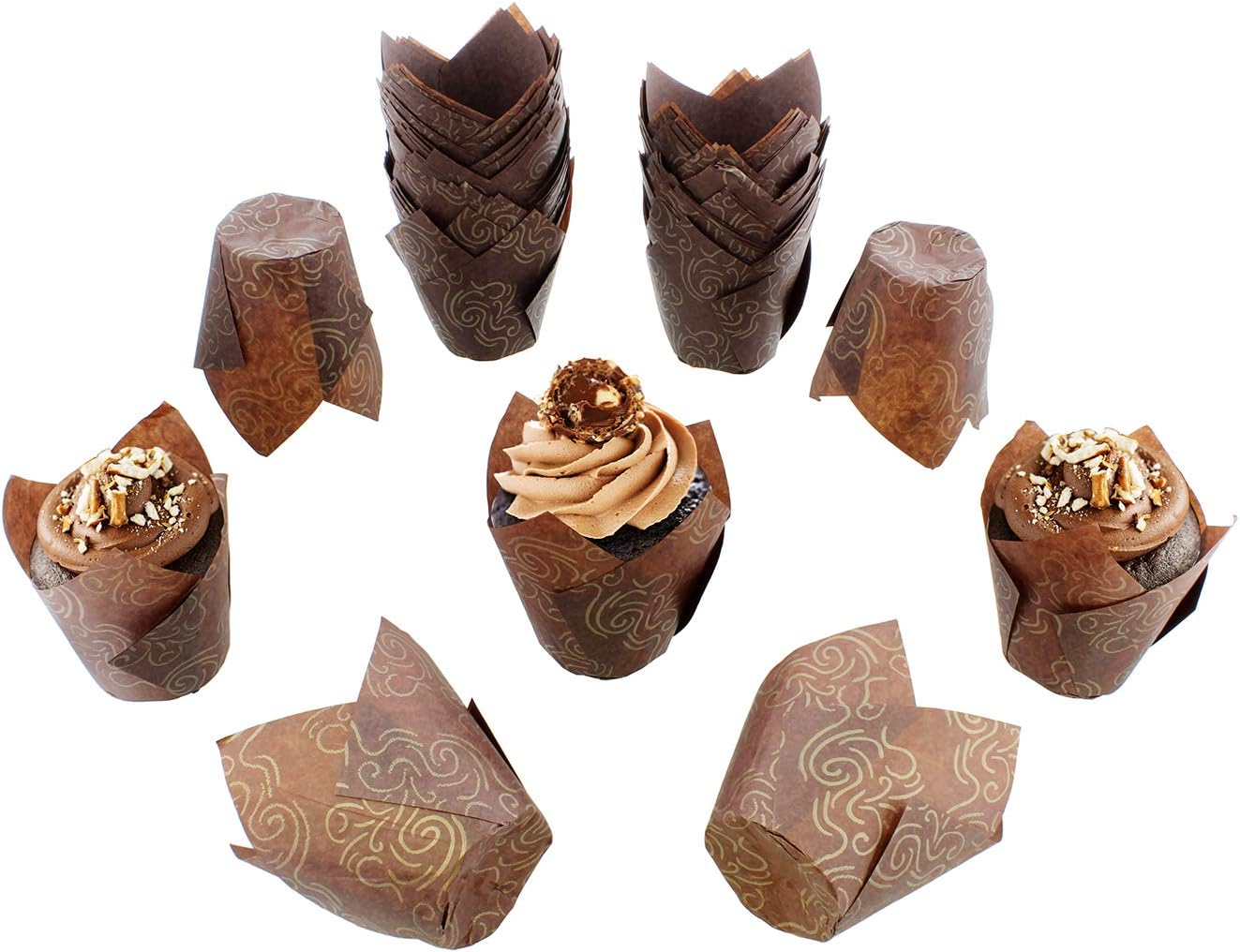 SpecialT Cupcake Papers Tulip Baking Cups Tulip Cupcake Liners Muffin Wrappers Muffin Liners Paper 100ct Gold Swirls