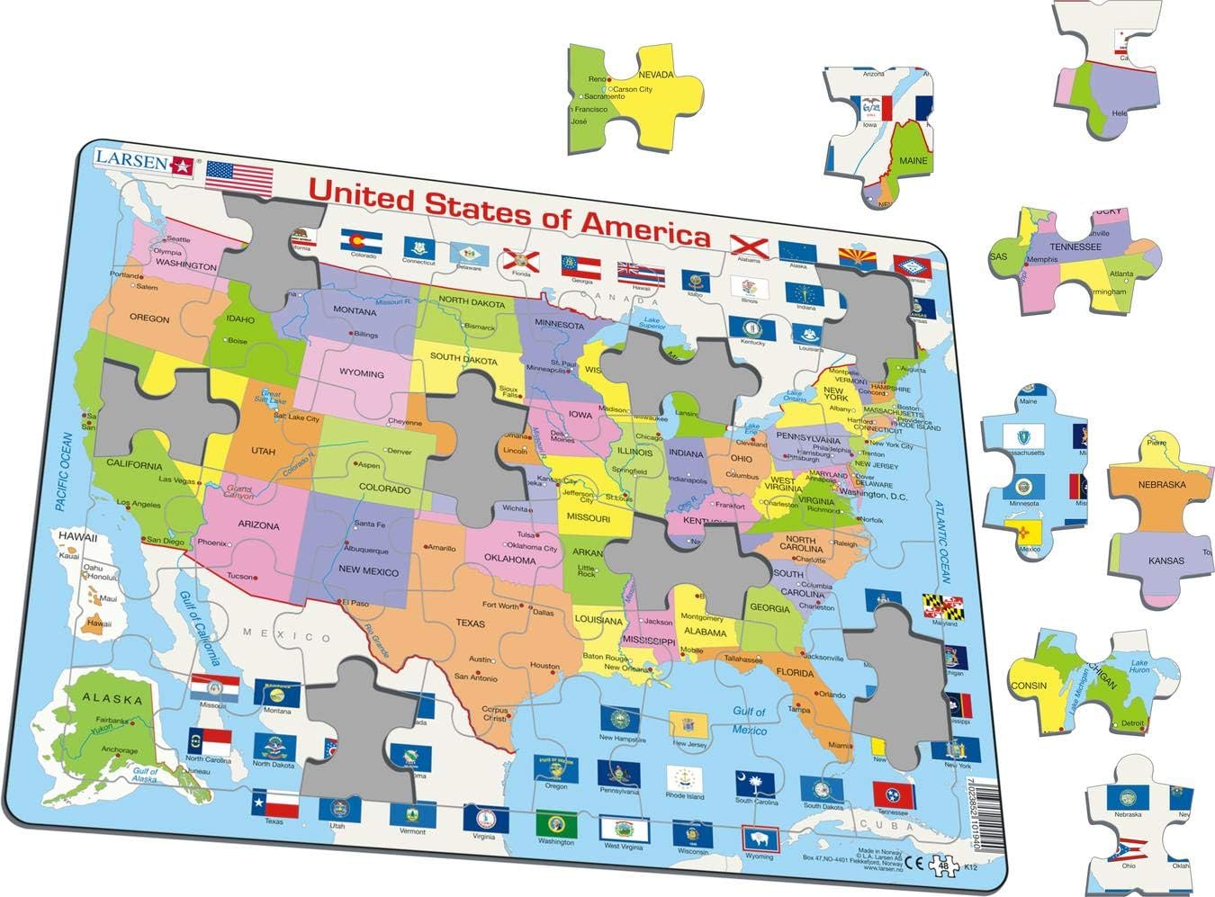 Larsen K12 United States Political Map, 48-Piece Boxless Tray Jigsaw Puzzle, Educational Geography Learning for Kids Age 4+ - Image 3