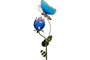 TERESA'S Collections Flower Yard Decorations Outdoor, 42'' Blue Glass Butterfly Solar Outdoor Lights Garden Decor for Outside, Metal Yard Art Garden Stake Decorative for Patio Decor,Gifts for Mom