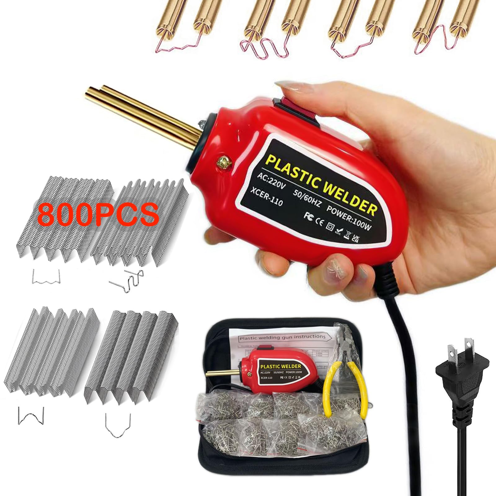 Photo 1 of 100W Portable Plastic Welder Kit with 3S Instant Heat, 800 Staples (4 Types), LED Light & Storage Bag - 220V Plastic Welding Gun for Car Bumper, Kayak (Red)