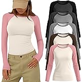 Velvelhall 5 Pack Women's Long Raglan Sleeve Baseball Shirts Color Block Tees Fitted Y2k Going Out Tops