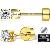 LANKRALOVNA Moissanite Stud Earrings for Women, Hypoallergenic White Gold/14K Gold Plated 925 Sterling Silver Flat Back Studs D Color VVS1 Round Cut Cartilage Helix Piercing Anniversary Jewelry Gifts