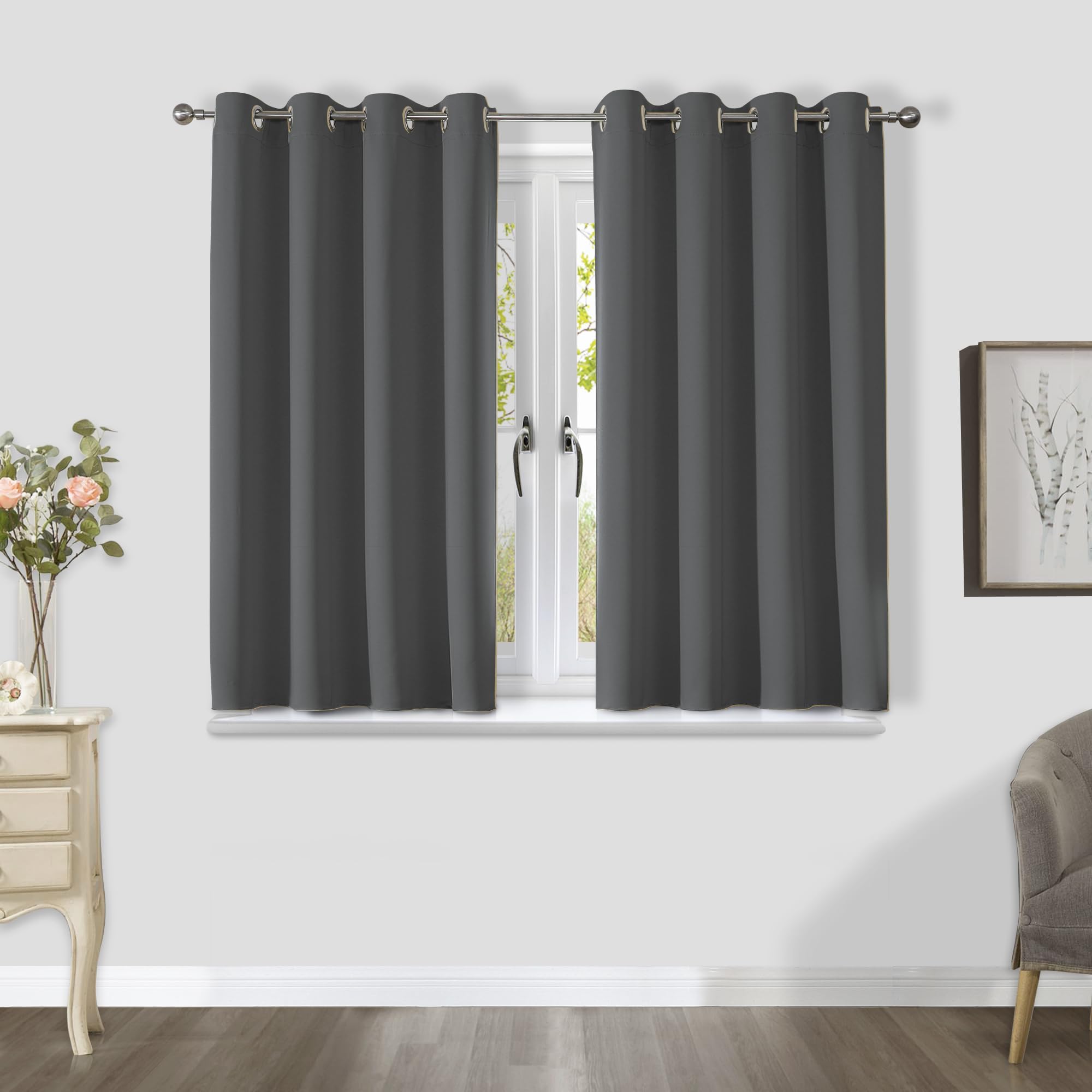 CUCRAF Thermal Curtains for Bedroom Dark Grey 2 Panels, Blackout Curtains for Living Room, Eyelet Black Out Curtains as Soundproof Room Dividers W46 x L54