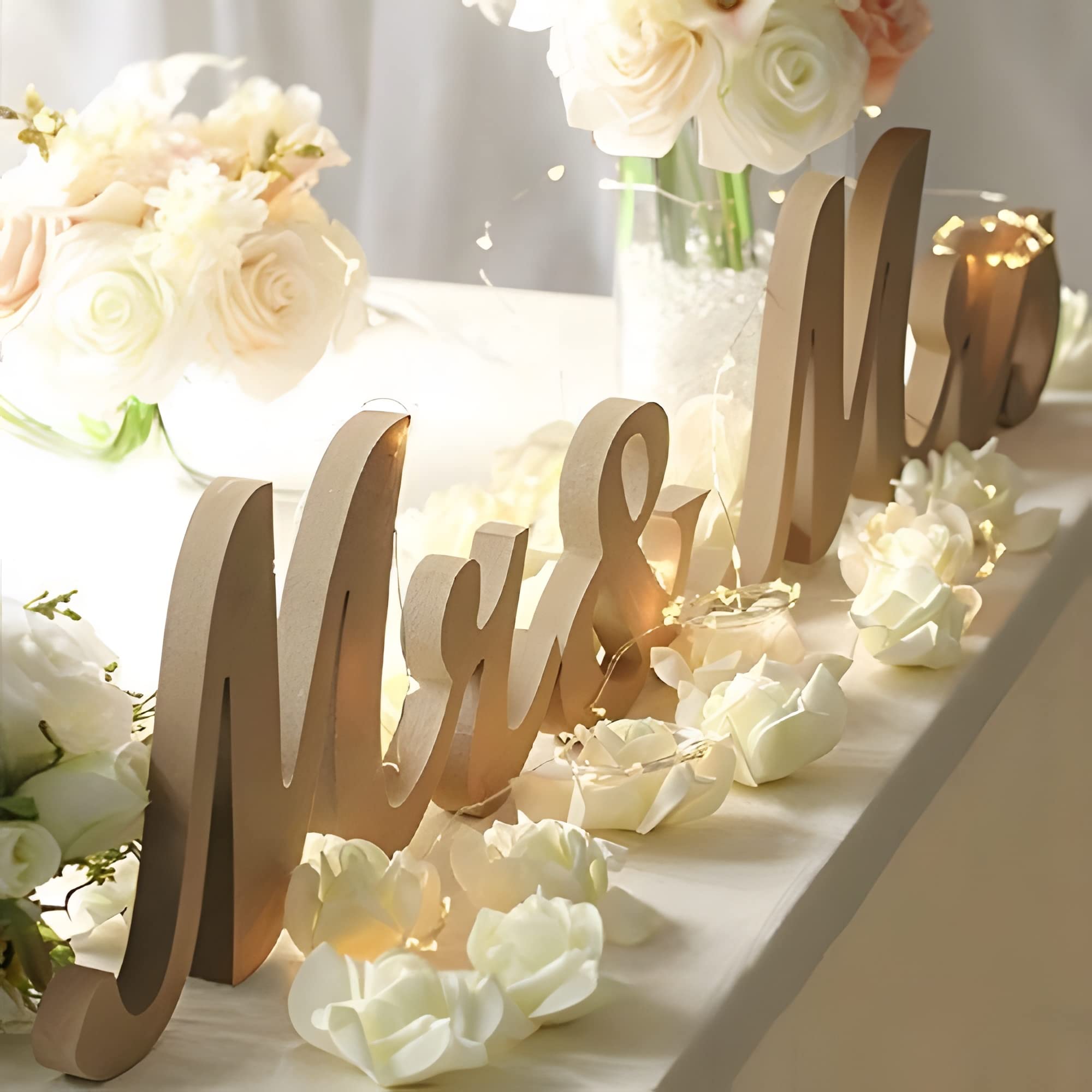 Photo 1 of Mr and Mrs Signs Table Decorations, Wooden Freestanding Letters for Photo Props, Rustic Wedding Decoration, Anniversary Shower Gift (Wood Color)
