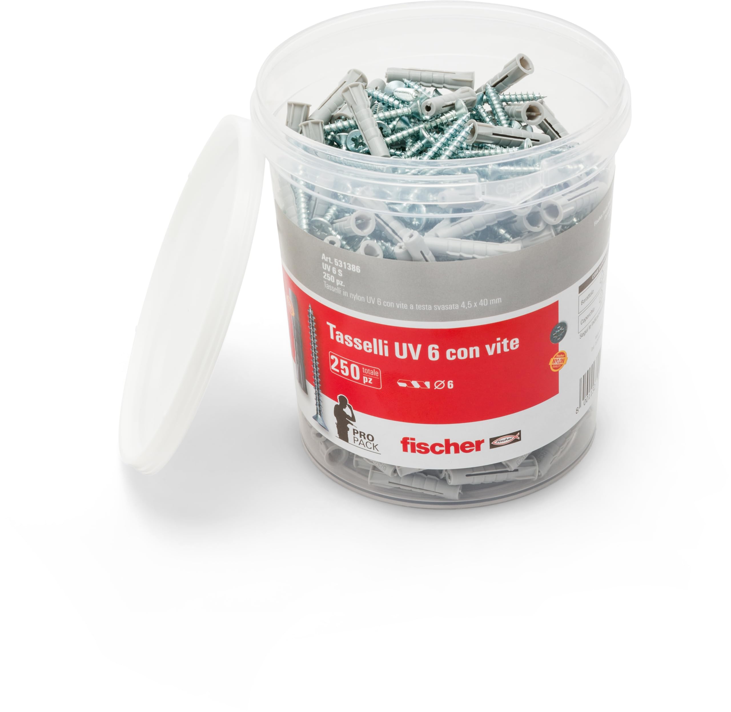 Fischer UV 6 S Bucket with 250 Dowels with Screw, Size 6 x 30 mm, 250 Dowels + 250 Screws, Ideal for Solid and Perforated Bricks, 531386