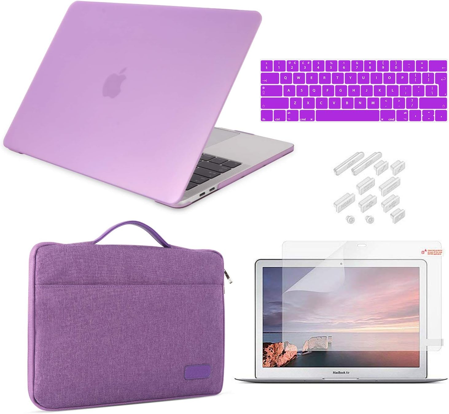 MacBook Air 13 inch Case 2010-2017 Model A1369/A1466 Bundle 5 in 1, iCasso Hard Plastic Shell with Sleeve, Screen Protector, Keyboard Cover & Dust Plug Compatible Old MacBook Air 13” - Purple