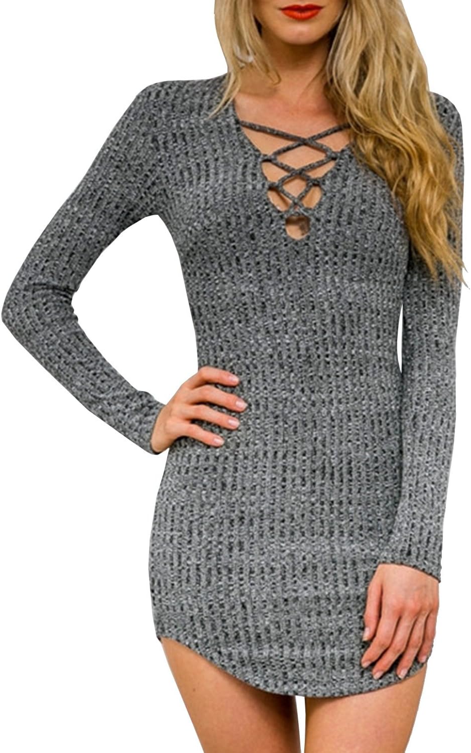 Futurino Women's Marled Lace Up Neck Long Sleeve Bodycon Knit Mini Dress