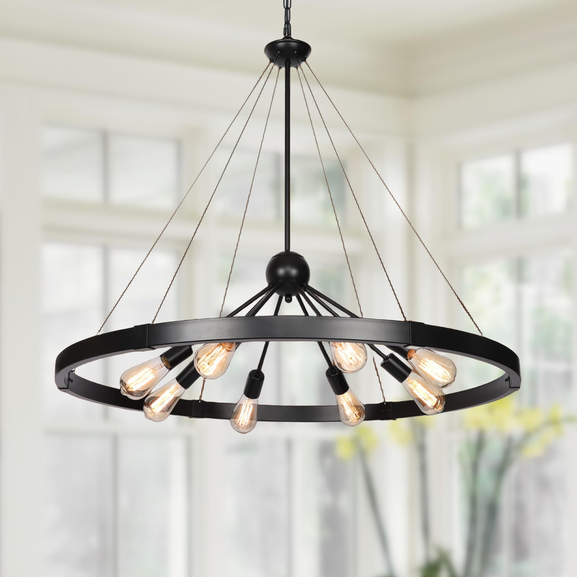 Photo 1 of Klgxnrd 38.2'' Large Black Wagon Wheel Chandelier for Dining Room, 8-Light Country Round Metal Pendant Light Fixtures for Living Room Entryway Foyer Stairs Kitchen Island