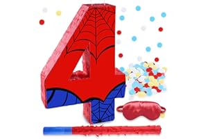 RUISUER 16 Inch Number 4 Spider Pinata with 16 Inch Piñata Stick Blindfold Confetti for Boy Girl Kids 4th Birthday Party Decorations (4th)