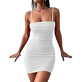 VASAUGE Women's Sexy Summer Bodycon Mini Dress Ruched Spaghetti Strap Backless Going Out Club Dresses 2024