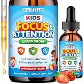 Kids Focus and Attention Supplements with Phosphatidylserine, Omega-3, Magnesium Glycinate &amp; L-Theanine, Brain Vitamins Liquid Drops for Kids Memory, Cognitive, Sleep, Calm &amp; Mood, Strawberry, 2 Fl Oz