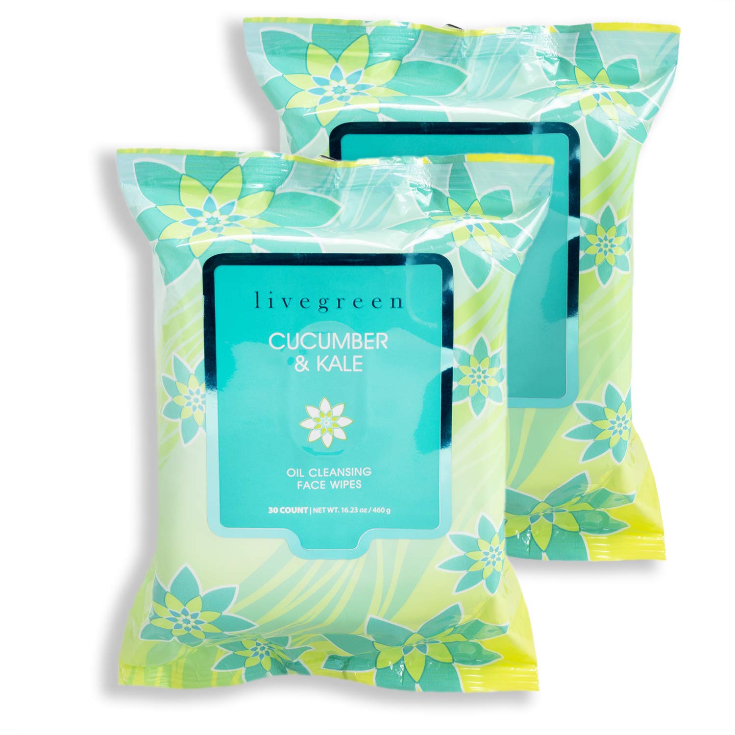 Live Green Cucumber and Kale Facial Clensing Wipes and Makeup Remover Wipes - 2 Pack of 60 Count Wipes (30 Count Each)