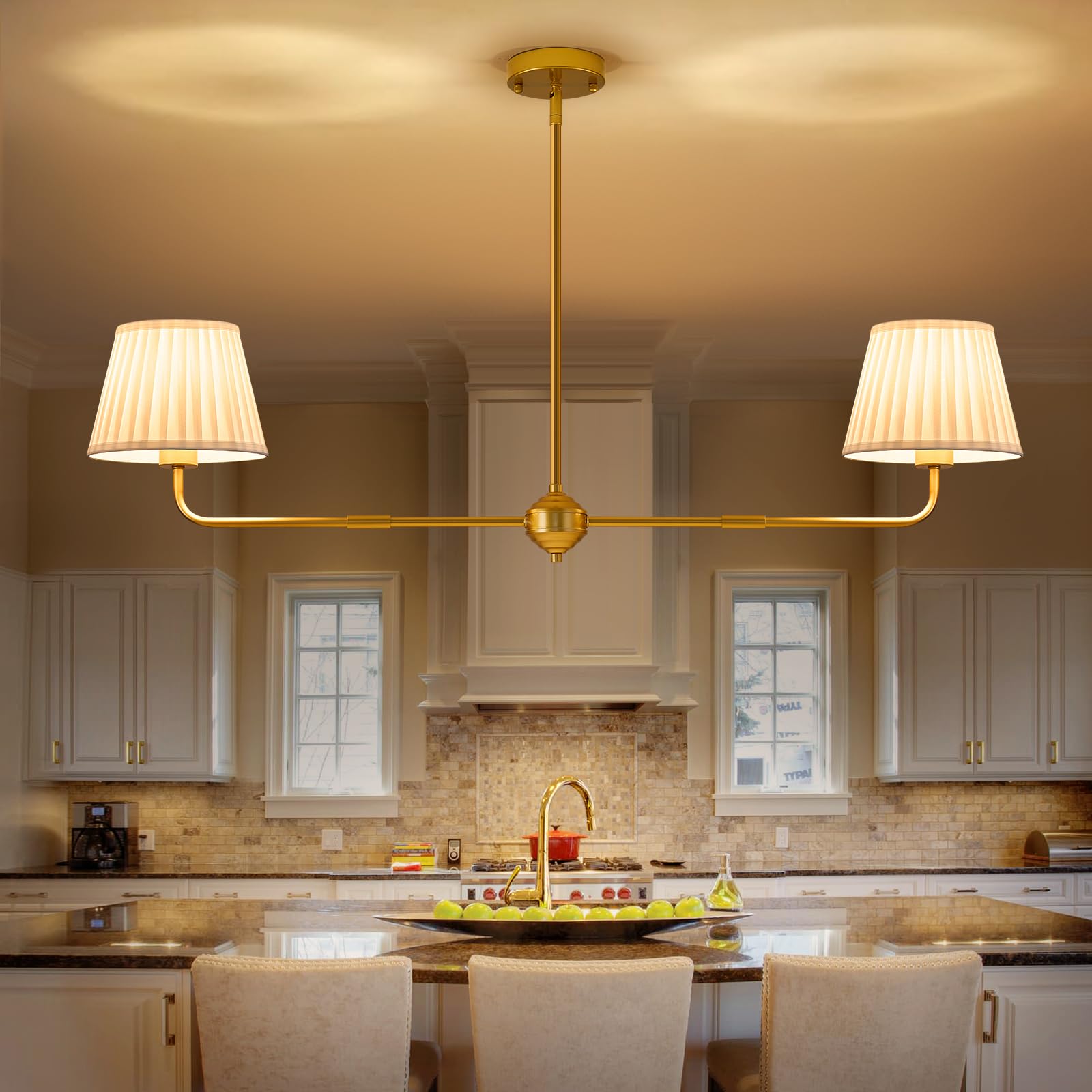 Photo 1 of Karjear Gold Linear Chandelier, 2-Light 43.3" Modern Linear Dining Room Light Fixtures, Double Kitchen Island Lighting with White Fabric Shade for Dining Room Kitchen Restaurant Living Room