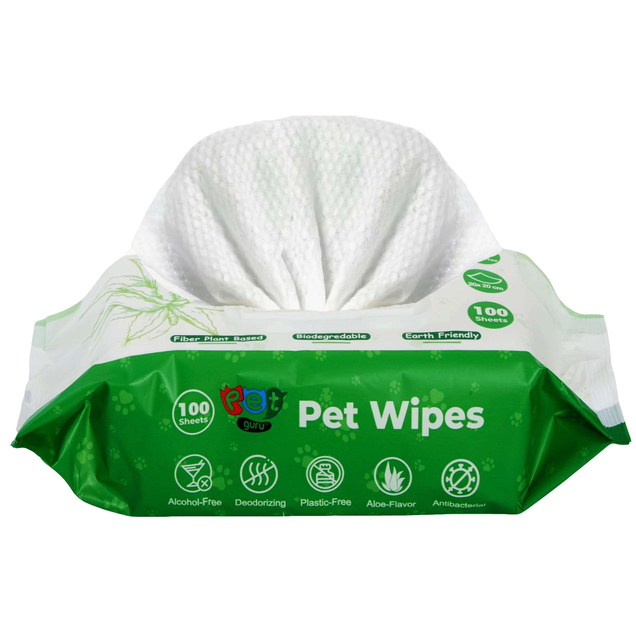 Pet Guru® Dogs & Cats 100% Plastic Free Biodegradable Antibectrial Deodorizing Multi-Purpose Cleaning Thick Pet Wipes Fiber Plant Based Alcohal Free Pet Wipes (100 Wipes, Unscented)