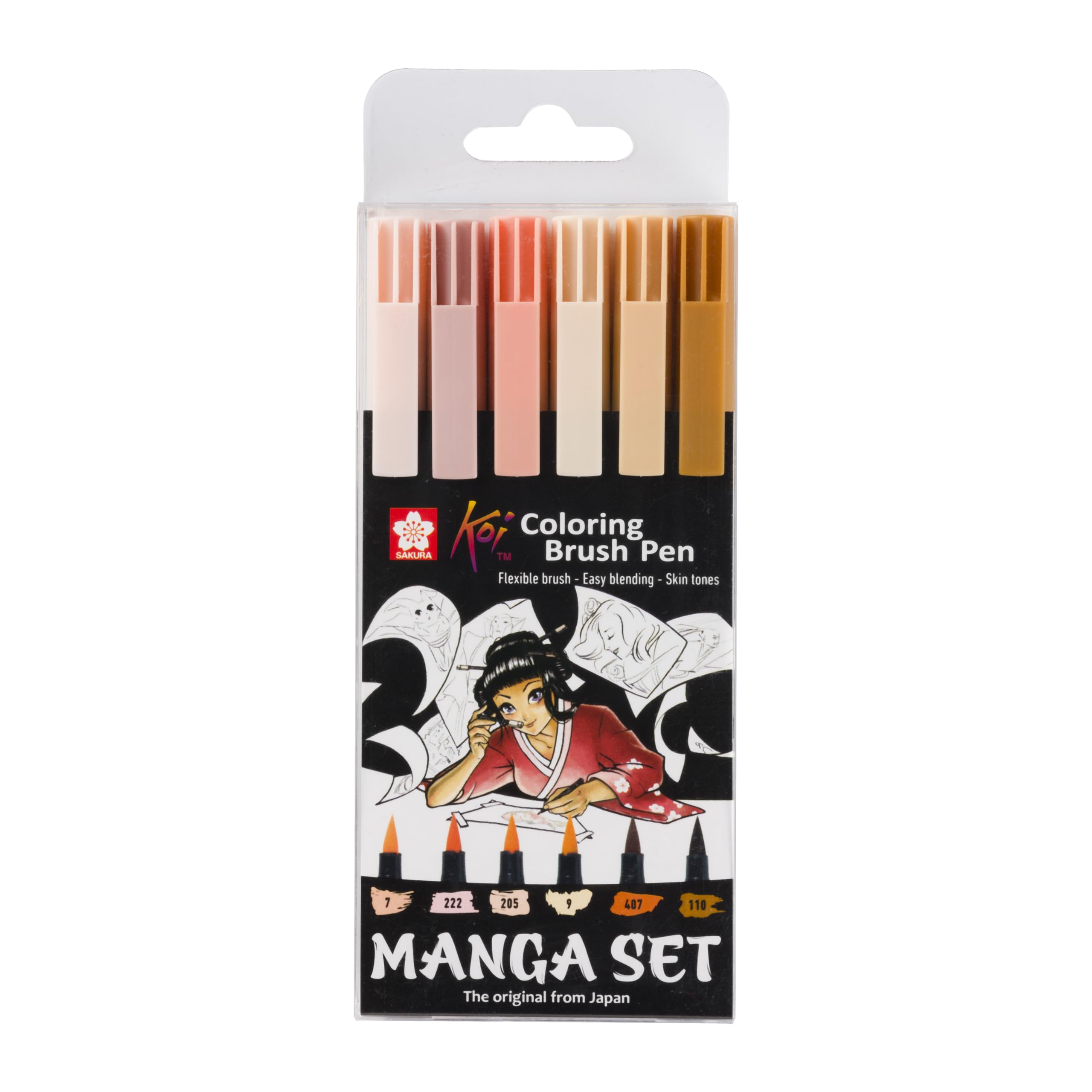 SAKURA Koi Coloring Brush Pen Manga Set of 6, Assorted Colors | Brush Markers for Cartoons & Illustrations