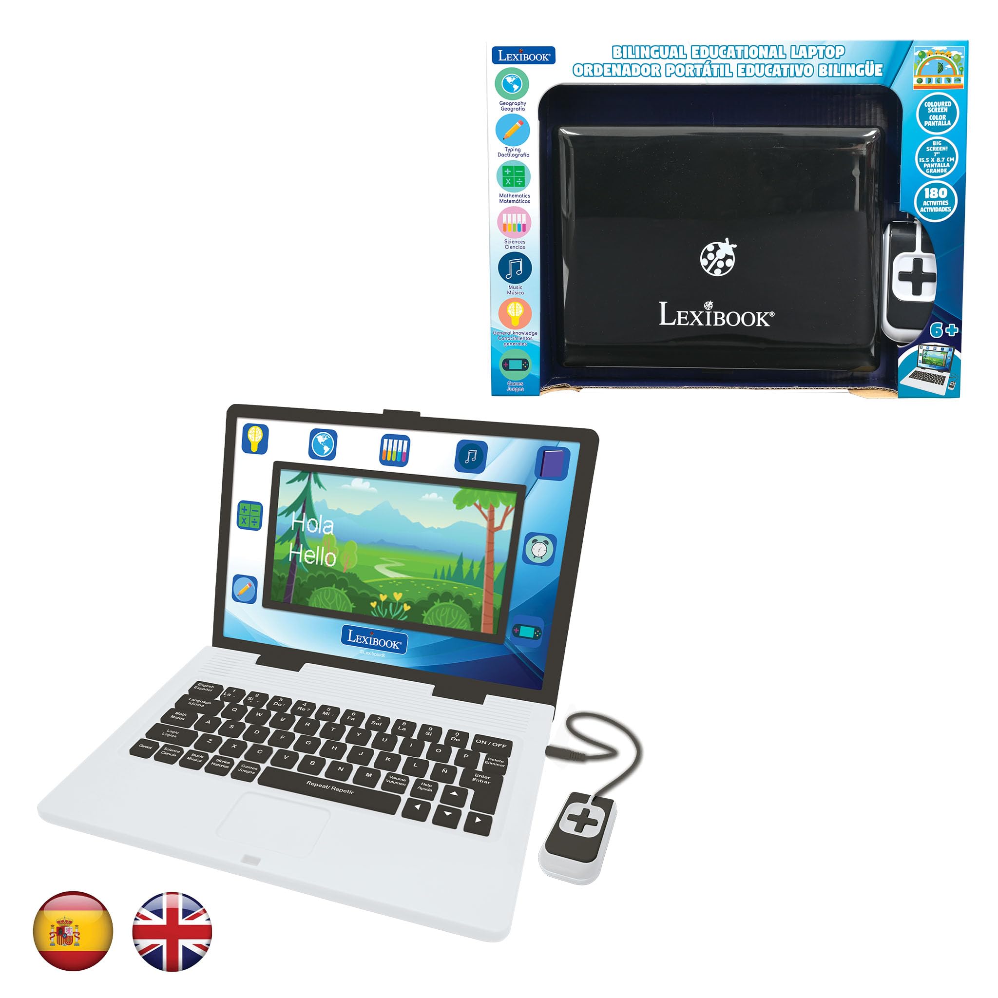 LEXIBOOK, Bilingual and Educational Laptop SPANISH/ENGLISH, Toy for Children, 180 Activities to Learn, Play Games and Music, Large and Coloured Screen, Black/White, JC899i2