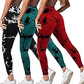 Geyoga 3 Pack Women's Tie Dye Booty Leggings, Seamless Elastic Tummy Pants Butt Lift Elastic Workout for Women Gym