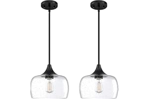 DORAIMY LIGHTING 2 Pack 1 Light Hanging Indoor Kitchen Island Pendant Ceiling Light 9" Drum Clear Seeded Glass Shade Fixture,Black Finish Modern Farmhouse Dinning Over Sink Adjustable Rod