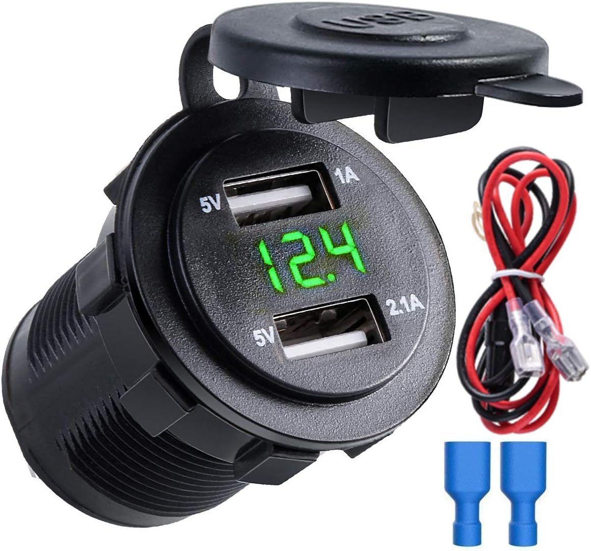 Yunnyp Car Motorcycle Charger Dual USB with Digital Display,12V/24 Dual USB Port Car Cigarette Lighter Socket Plug LED Voltmeter Waterproof