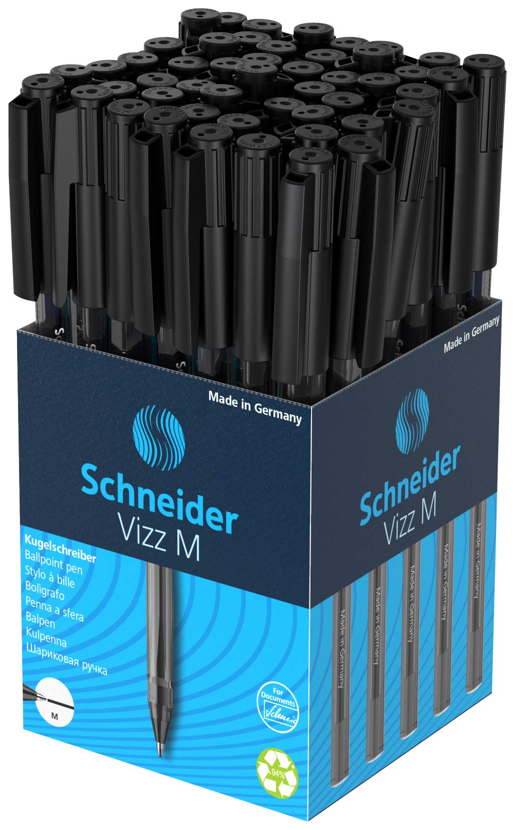 Schneider 102201 Vizz Ballpoint Pen for Easy and Quick Writing - Colour Ink Barrel - Medium Line - Black (Pack of 50)
