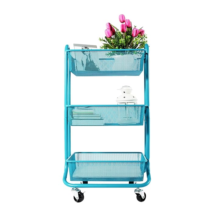 DESIGNA 3-Tier Metal Mesh Rolling Storage Cart with Utility Handle, Turquoise