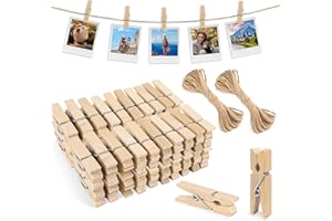 joycraft Mini Wooden Clothespins with String - 100Pcs Brown Craft Clips, 1.4 in Photo Holder Hanging Clips for DIY Craft, Wedding Party Decor, Classroom Projects, Photo Wall