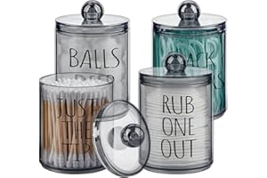 QEIRUDU 4 Pack Qtip Holder Dispenser with Lids and Labels - 10 oz Acrylic Apothecary Jars Plastic Bathroom Vanity Canister Organizer for Cotton Balls, Pads, Swabs, Floss (Black)