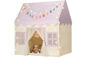 Senodeer Kids Play Tent Indoor: with Mat, Tassel Garland, Star Lights - Purple Checkered Girls Tent Playhouse for Toddlers Ki