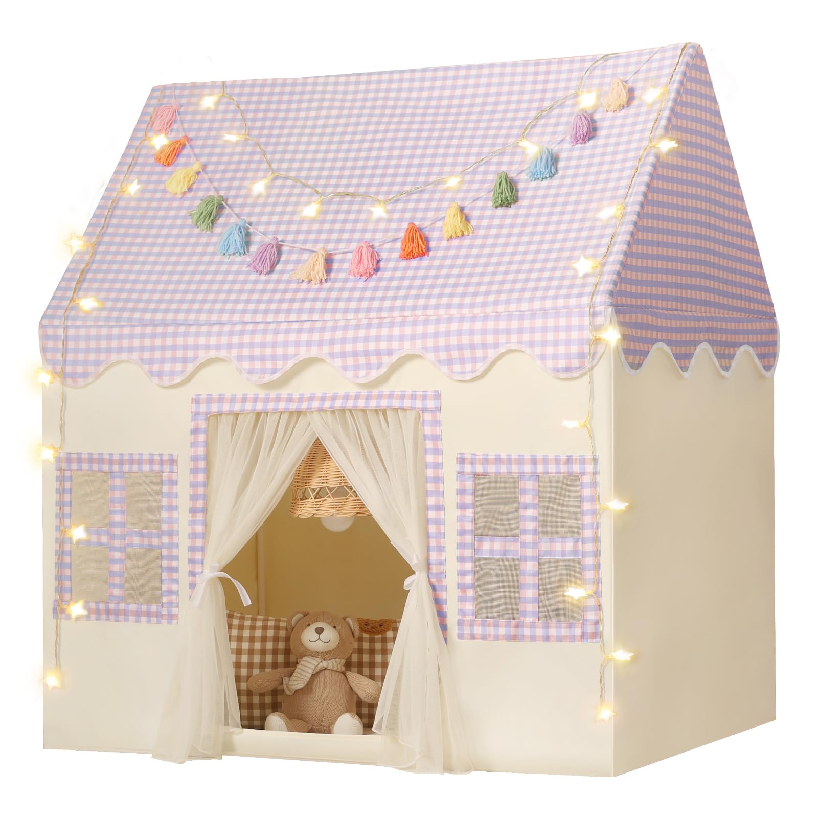 Photo 1 of Senodeer Kids Play Tent Indoor: Mat, Tassel Garland, Star Lights - Purple Checkered Girls Tent Playhouse for Toddlers Kids Toys for Boy Girl Birthday Gift