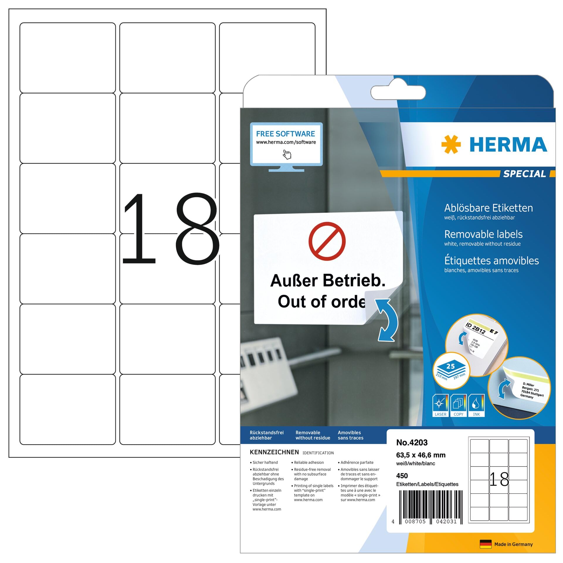HERMA Self Adhesive Removable Labels, 18 Labels per A4 Sheet, 25 Sheets, 63.5 x 46.6 mm, 450 Labels, Blank Multipurpose Labels Stickers, Sticky Labels for Laser & Inkjet Printer, White