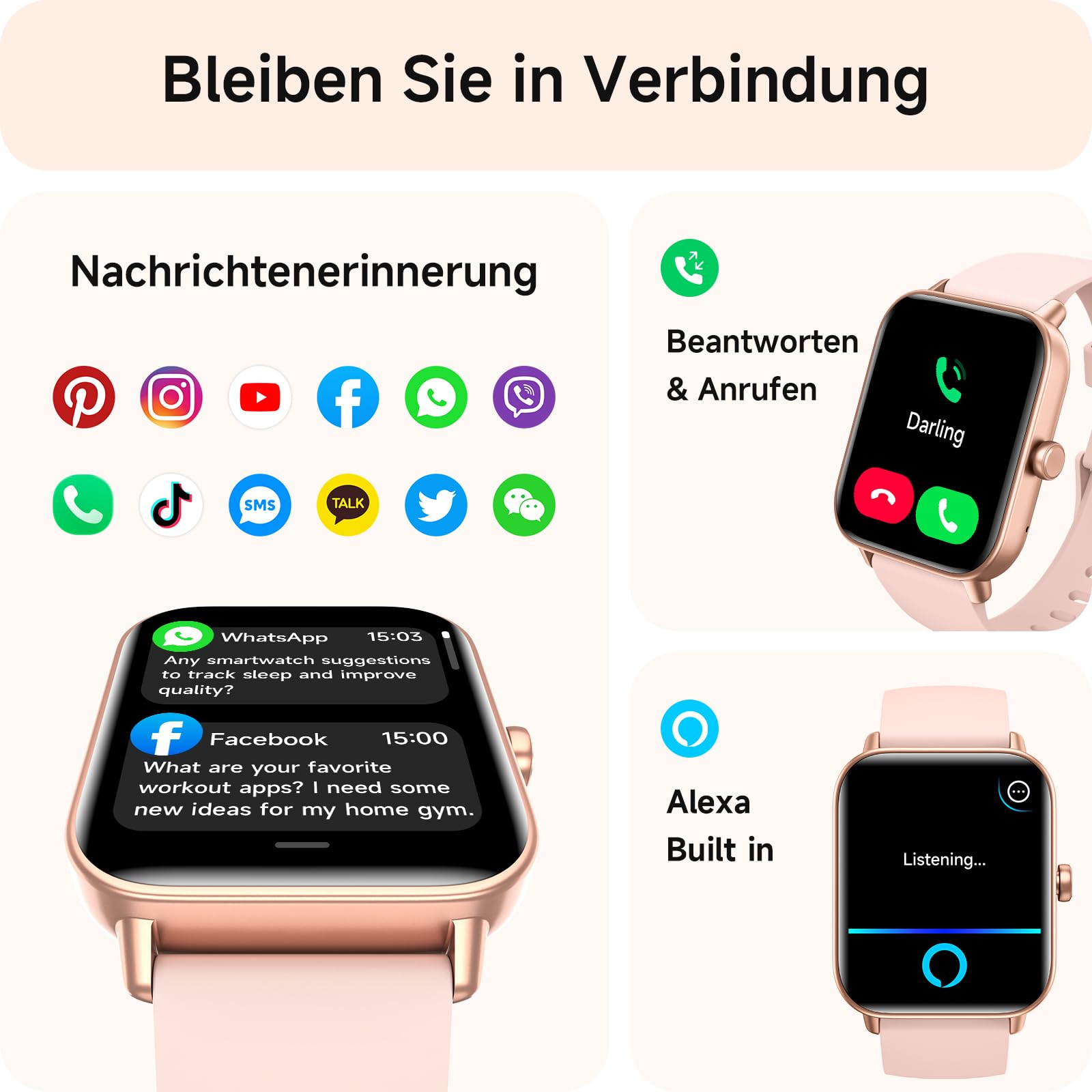 Smartwatch Damen mit Telefonfunktion,1.8" Smart Watch Fitnessuhr mit Whatsapp und Alexa,Herzfrequenz Schlafmonitor,120+ Sportmodi Fitness Tracker,IP68 Wasserdicht Uhren Damen für Samsung/Android/iOS 2
