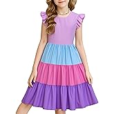 LQSZ Girls Summer Dresses with Ruffle Short Sleeve Midi Casual A-Line Twirly School Sundress Size 3-12 Years