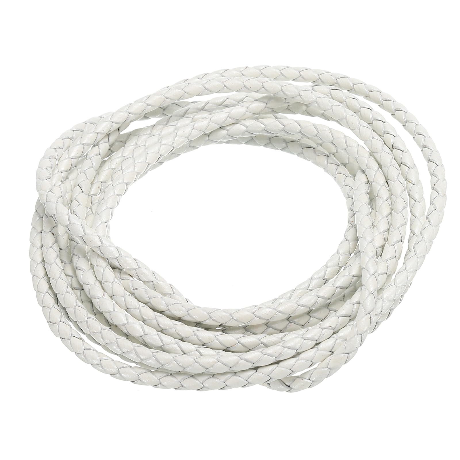 PATIKIL Round Braided Leather Cord, 3mm Round Braided Genuine Leather Cord Rope Folded for Crafts Jewelry Making Necklace Bracelets, White (2.2 Yards)