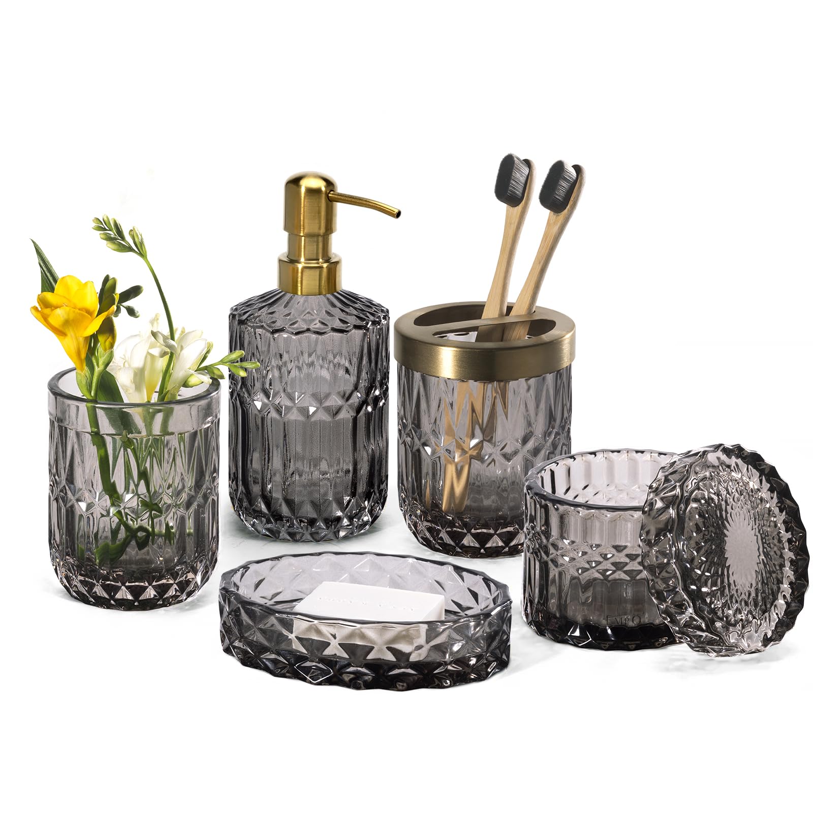 Photo 1 of EMPO 6PCS Bathroom Clear Glass Accessories Set (Lotion Soap Dispenser, Soap Dish, Toothbrush Holder, Tumbler, Cotton Swab Jar) Contemporary Modern Decor Crystal Clear Vintage Gift (6pcs Gray)