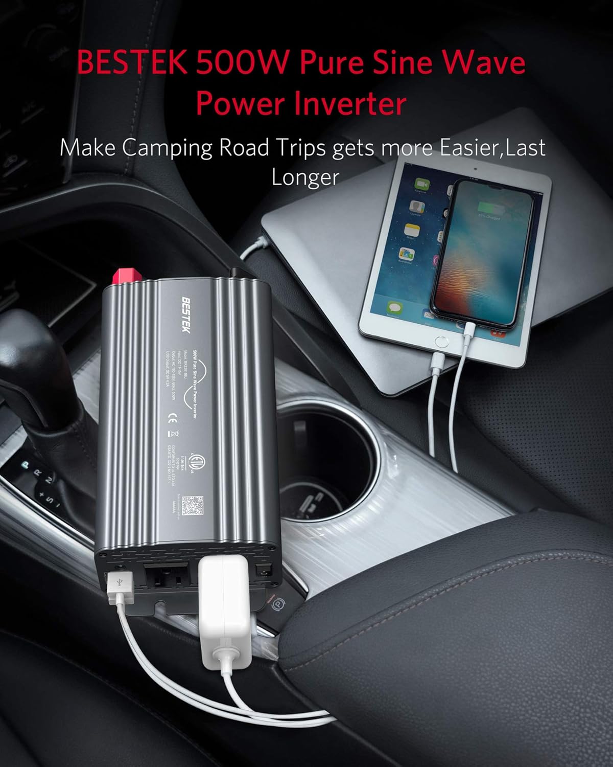 BESTEK 500W Pure Sine Wave Power Inverter DC 12V to 110V AC Car Plug Inverter Adapter Power Converter with 4.2A Dual USB Charging Ports and 2 AC Outlets Car Charger, ETL Listed, Grey: Car Electronics