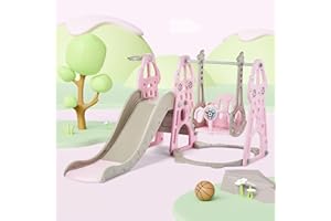 DUKE BABY 4 in 1 Toddler Slide and Swing Set, Kid Slide for Toddlers Age 1-2, Baby Slide with Basketball Hoop, Indoor Outdoor Slide Toddler Playset Toddler Playground – Pink
