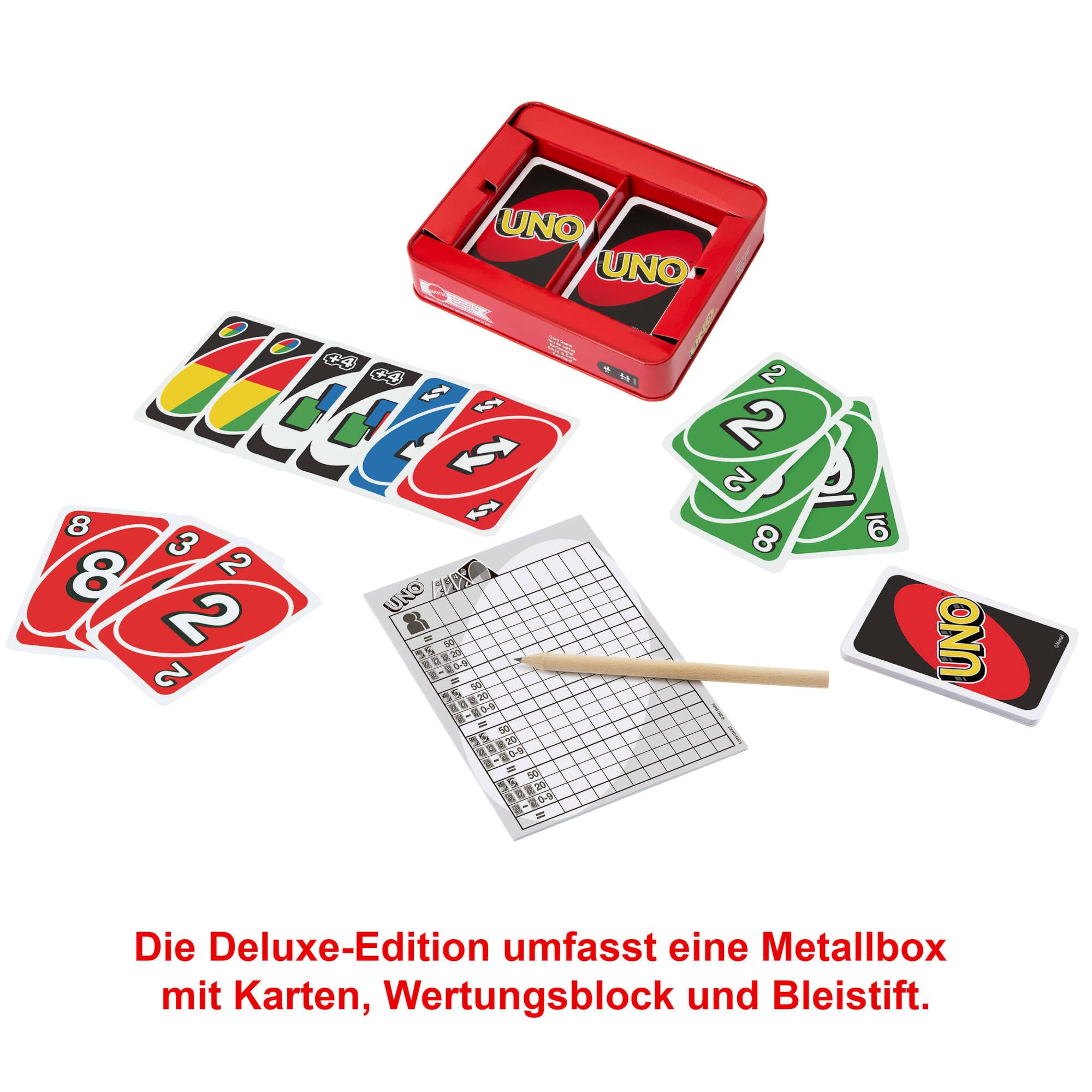 Mattel Games K0888 - UNO Deluxe, in exklusiver Verpackung mit Punkteblock, Sammlerdose, Gesellschaftsspiel, Geschenk ab 7 Jahren 3