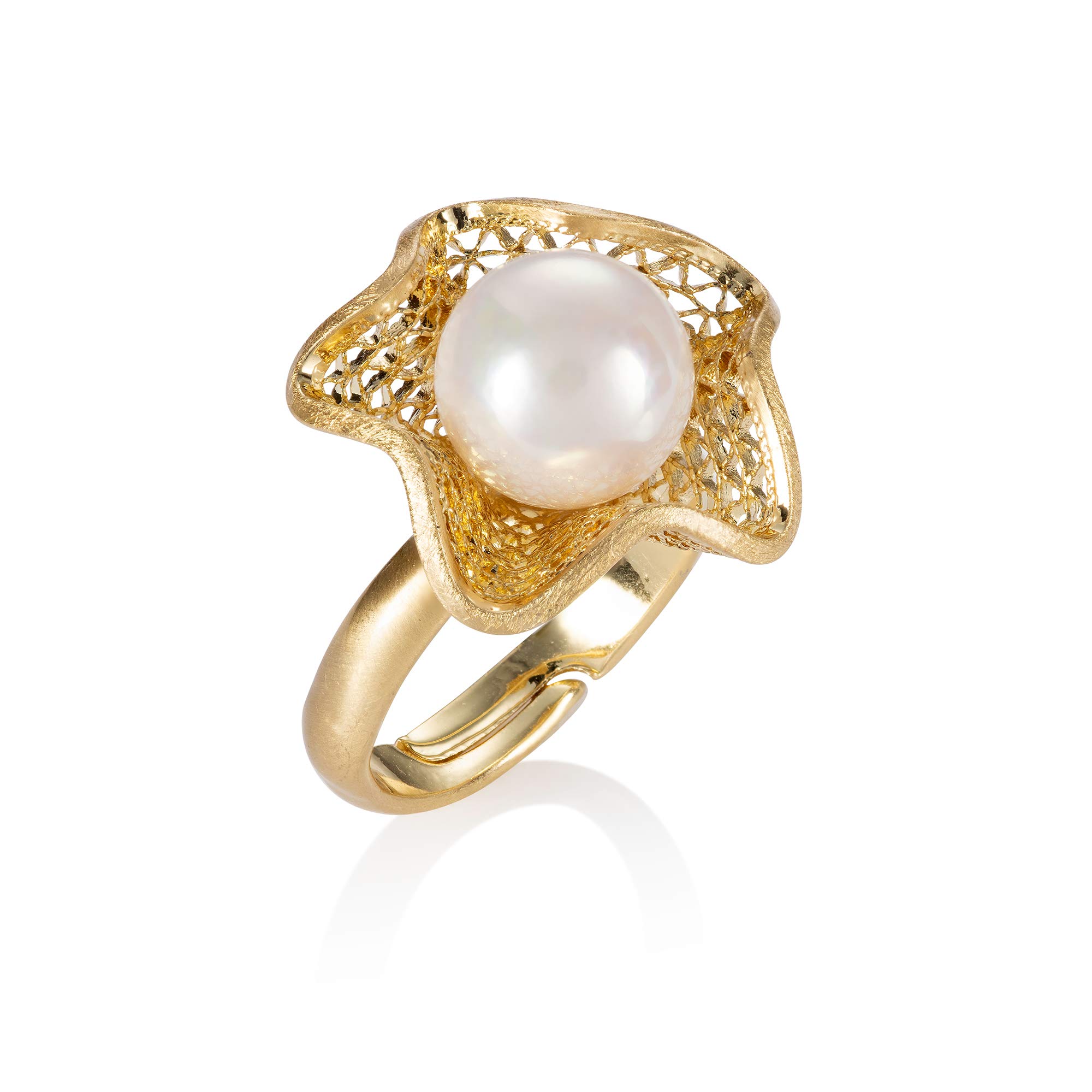 namana Adjustable Gold Pearl Ring for Women, Large Gold Cocktail Ring for Women with a Big Pearl, Gold Statement Ring in a Flower Design with Filigree Motifs, Large Gold Rings for Women