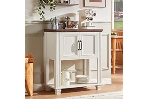 SAVOR LIFE Farmhouse Coffee Bar Table with 2-Door Cabinet, Kitchen Storage Cabinets with Open Shelf, Coffee Station for Dining Room, Kitchen, Hallway, Living Room, White