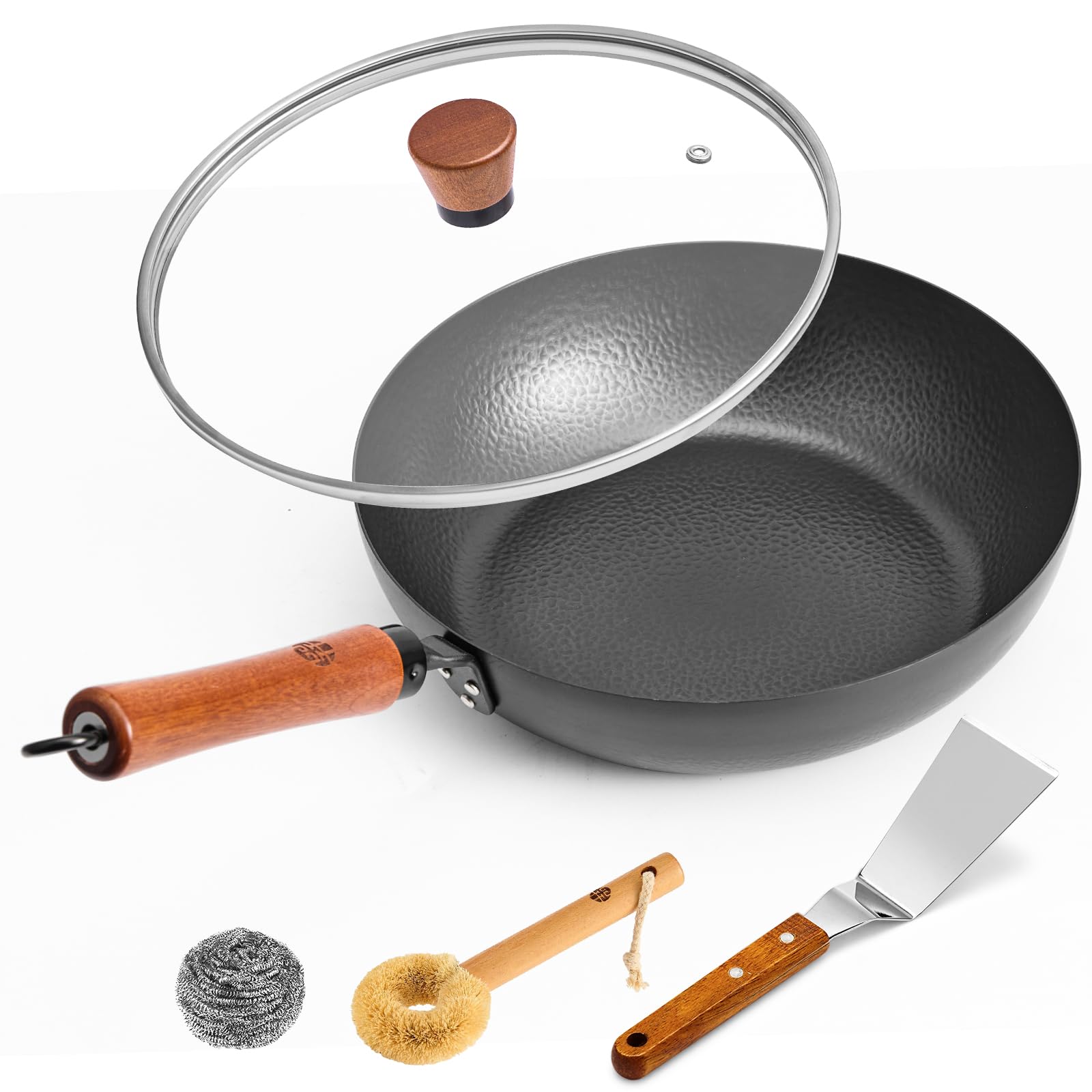 Photo 1 of WANGYUANJI 11" Iron Skillet with Glass Lid & Griddle Spatula, Flat-Bottom Frying Pan, Uncoated & Unseasoned, Induction/Gas/Electric Compatible, Wooden Handle (Seasoning Required)