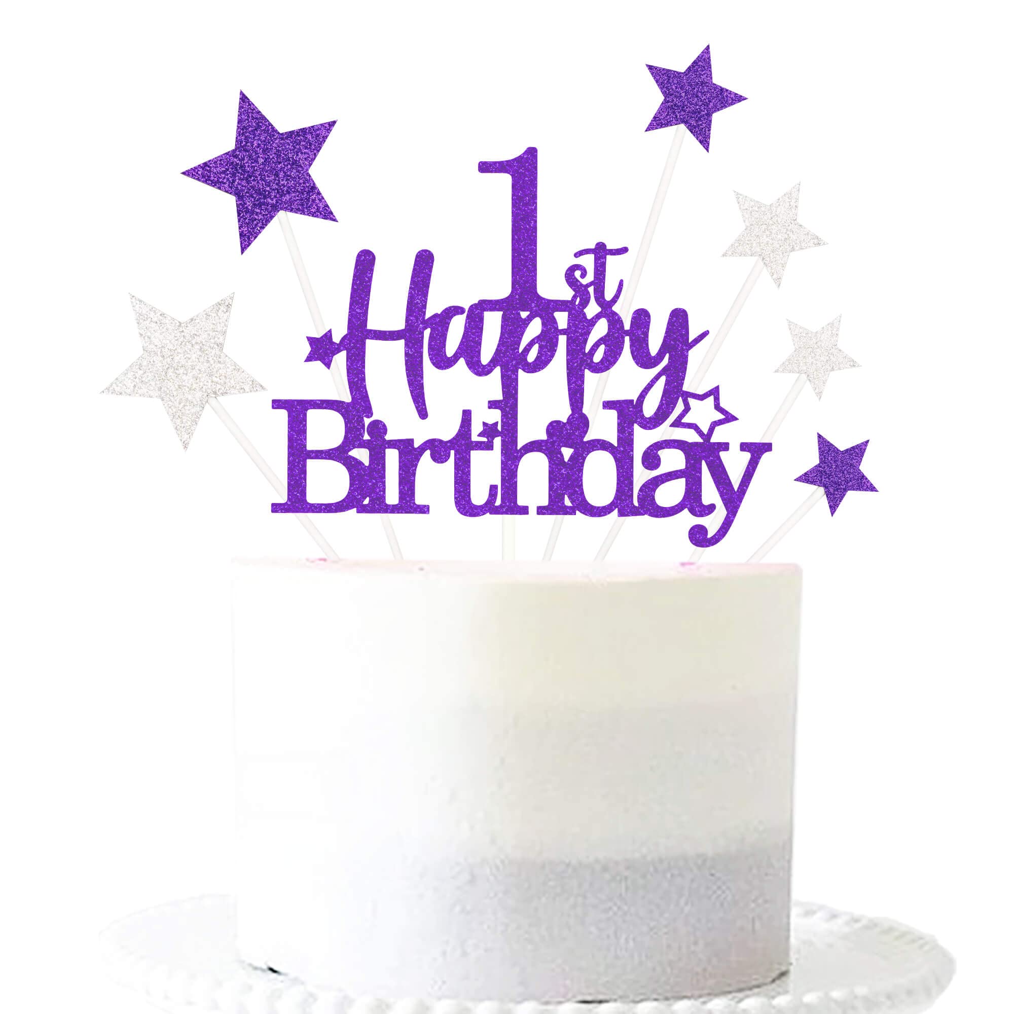Glittery 1st Happy Birthday Cake Topper with Star,Personalised 1 Birthday Cake Toppers Party Decorations Party Supplies for Baby Boys Girls Purple Silver