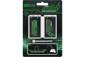 HAZLEWOLKE 9V Rechargeable Battery, 1000mAh(3700 mWh) Long Lasting Lithium Rechargeable 9 Volt Batteries with 2 in 1 USB-C Fast Charging Cable, High Capacity 9V Batteries for Metal Detectors,Pinpointers(2 Pack)