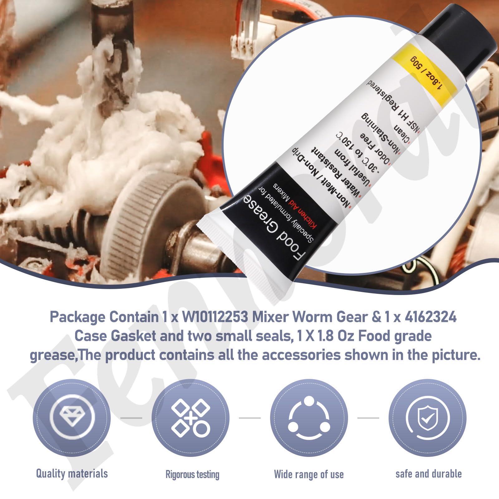 Upgrade Metal Gear W10112253 Worm Gear w/Food Grade Grease and Gasket for Whirlpool KitchenA-id Mixers Replace 4162897 AP4295669 4161531 WPW10112253